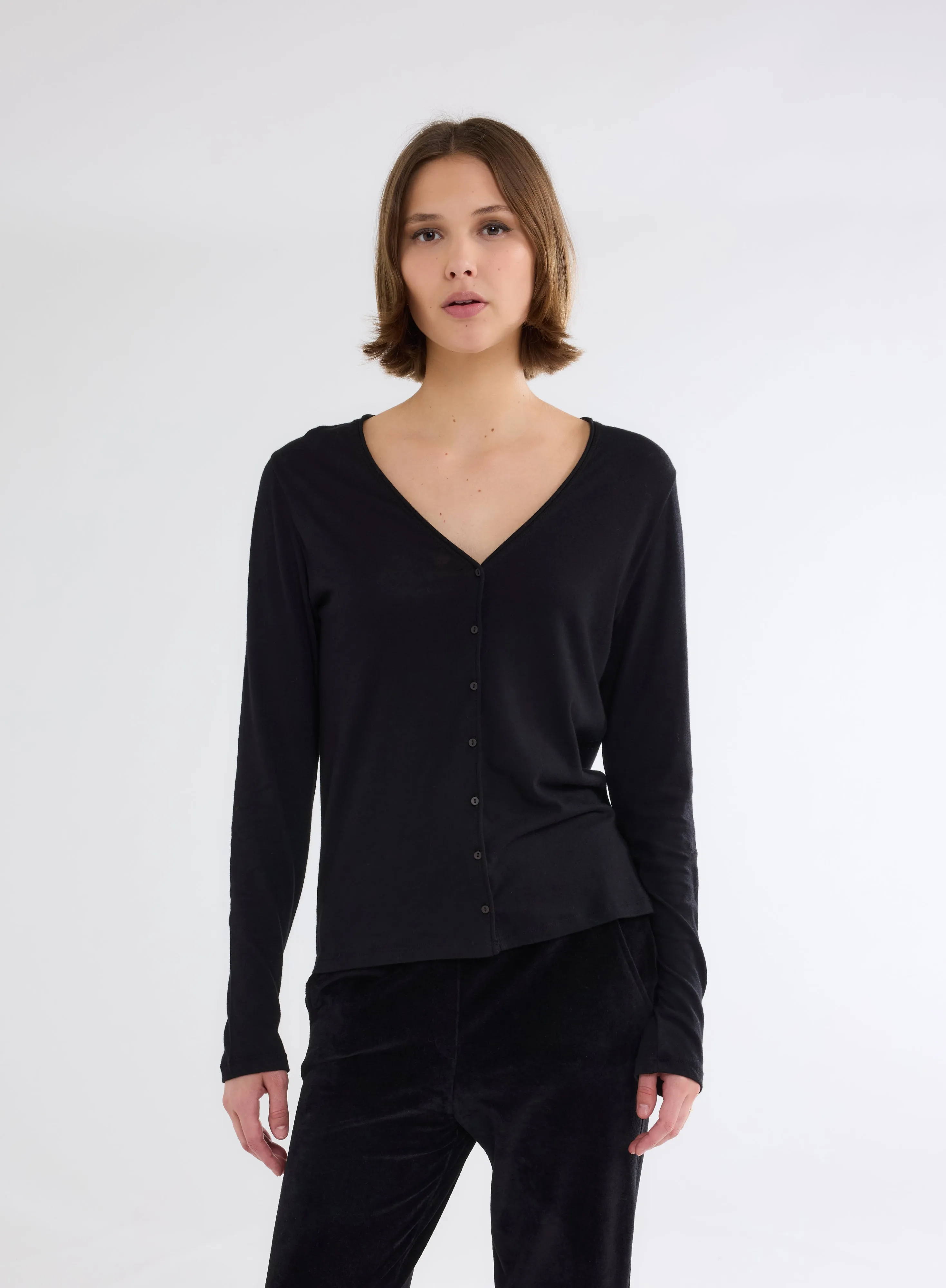 Gilet Noir Col V Manches Longues en Coton et Cachemire
