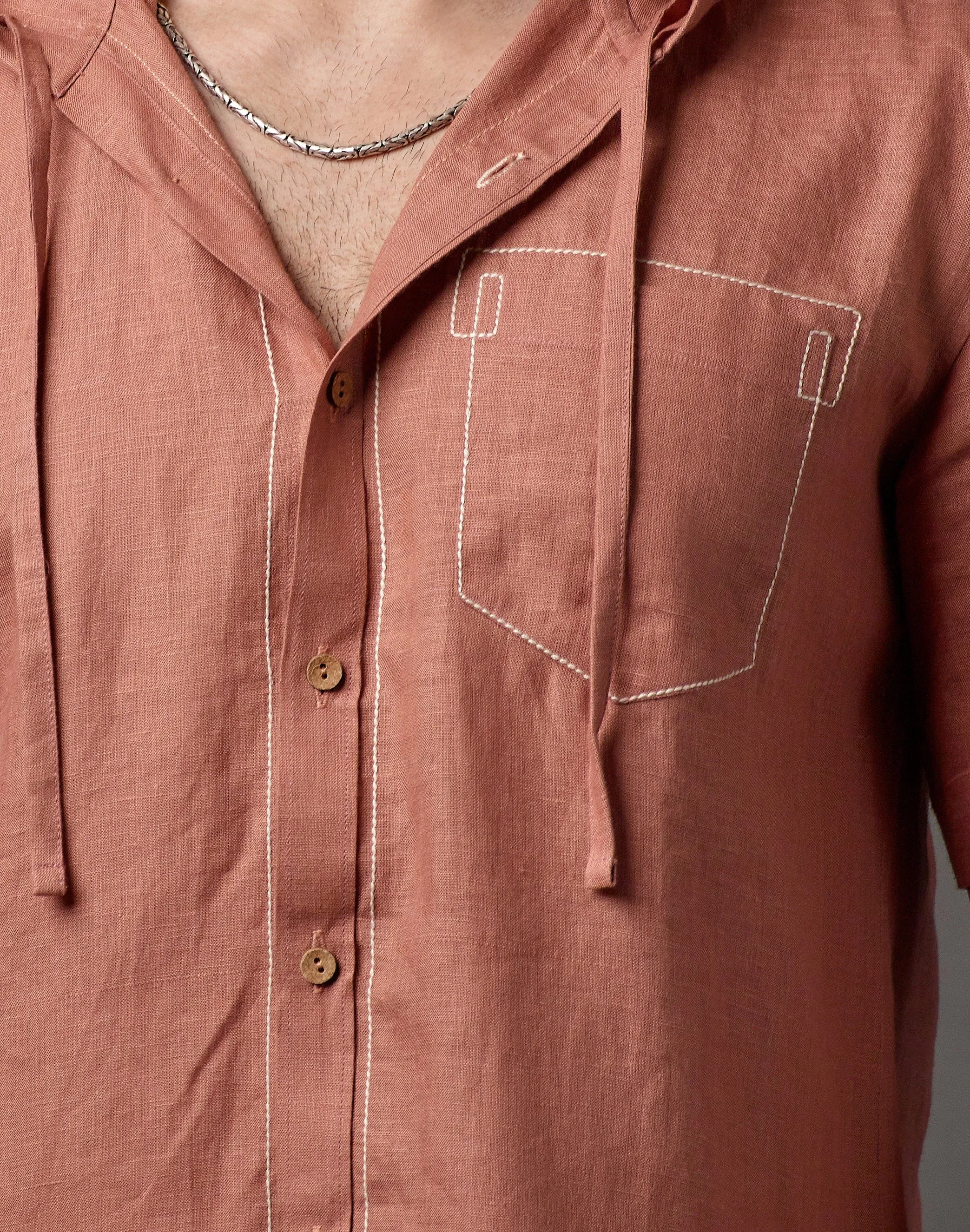 Half Sleeve Button-Down Hoodie Linen Shirt