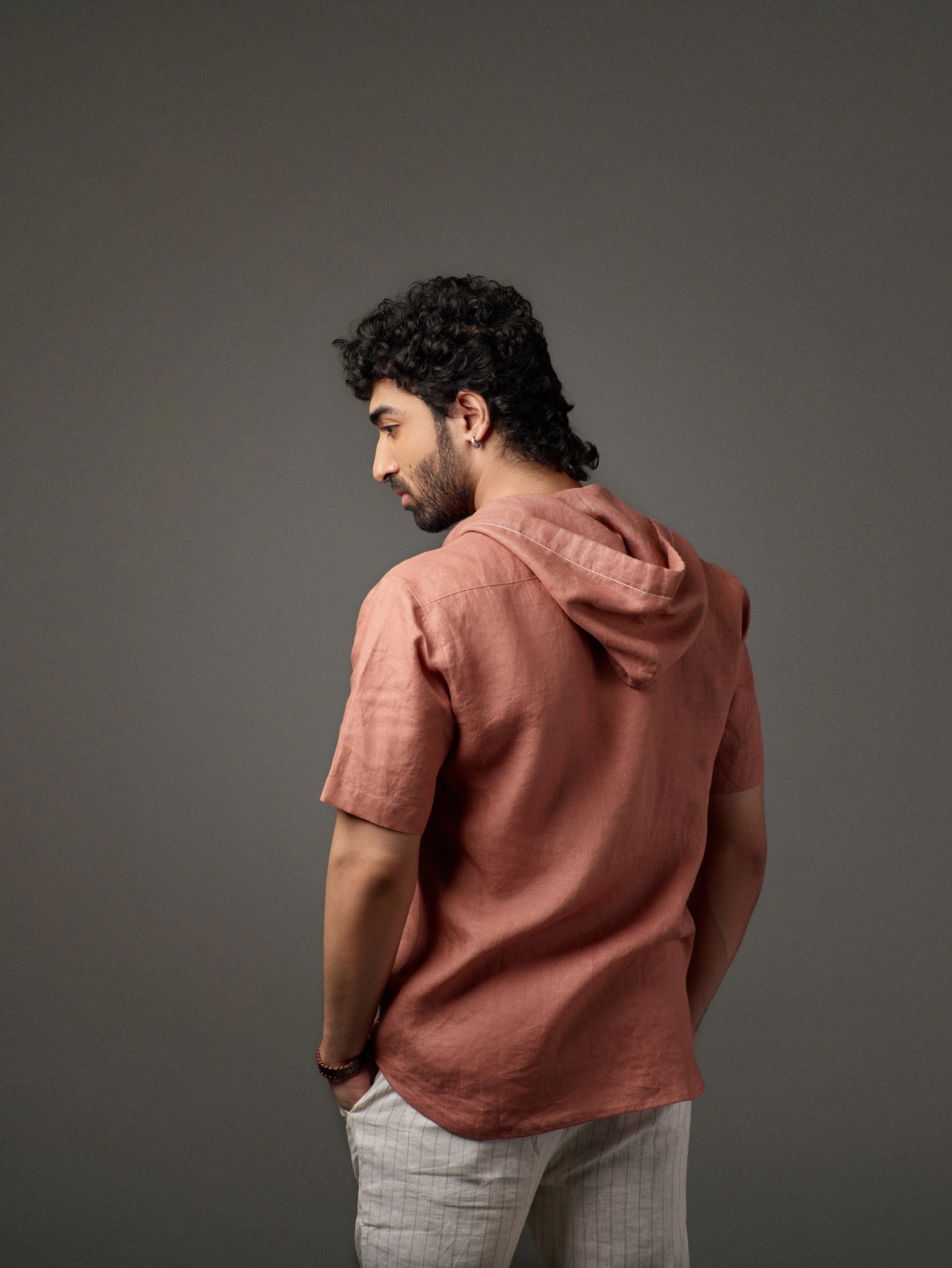 Half Sleeve Button-Down Hoodie Linen Shirt