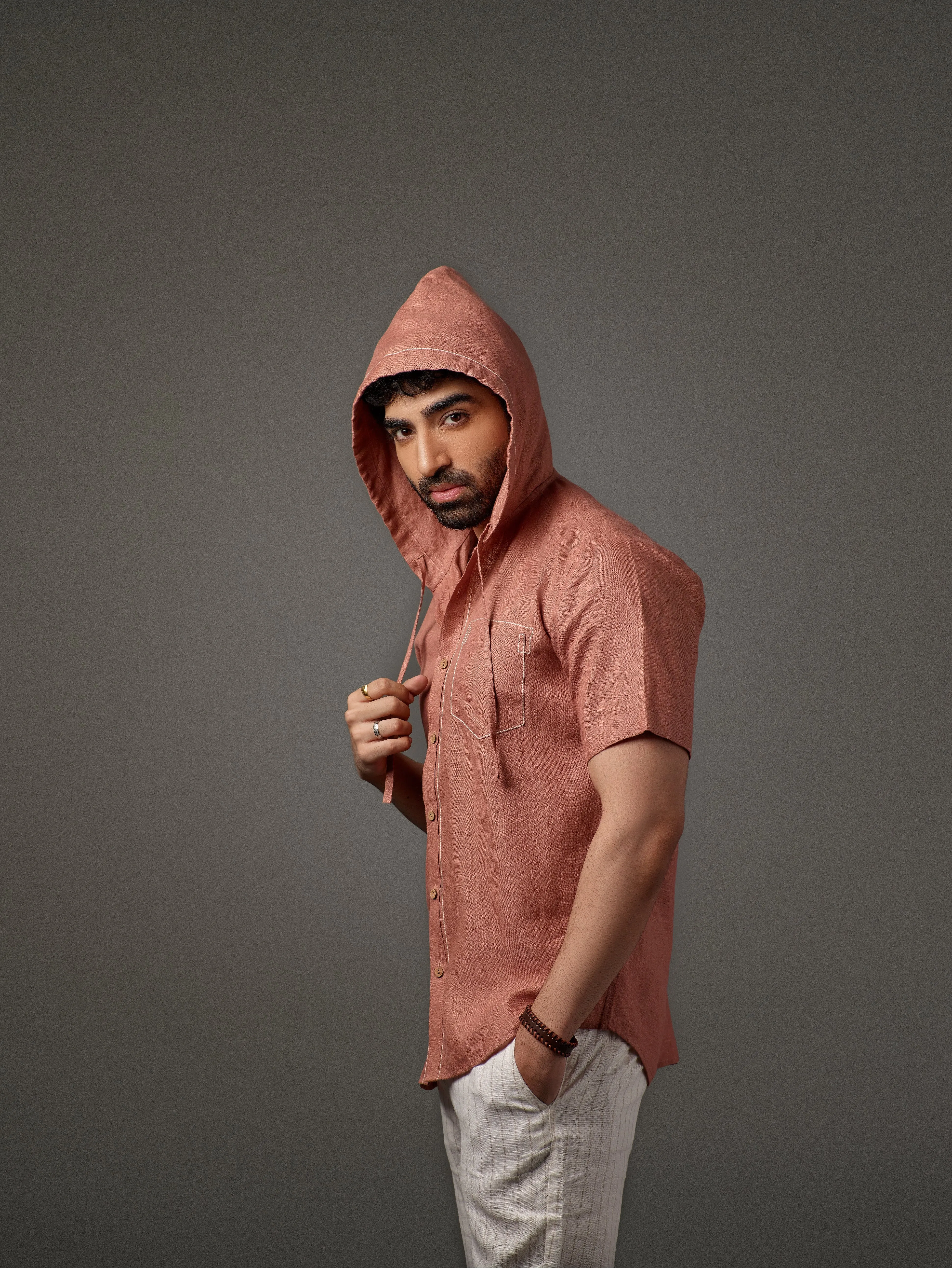 Half Sleeve Button-Down Hoodie Linen Shirt