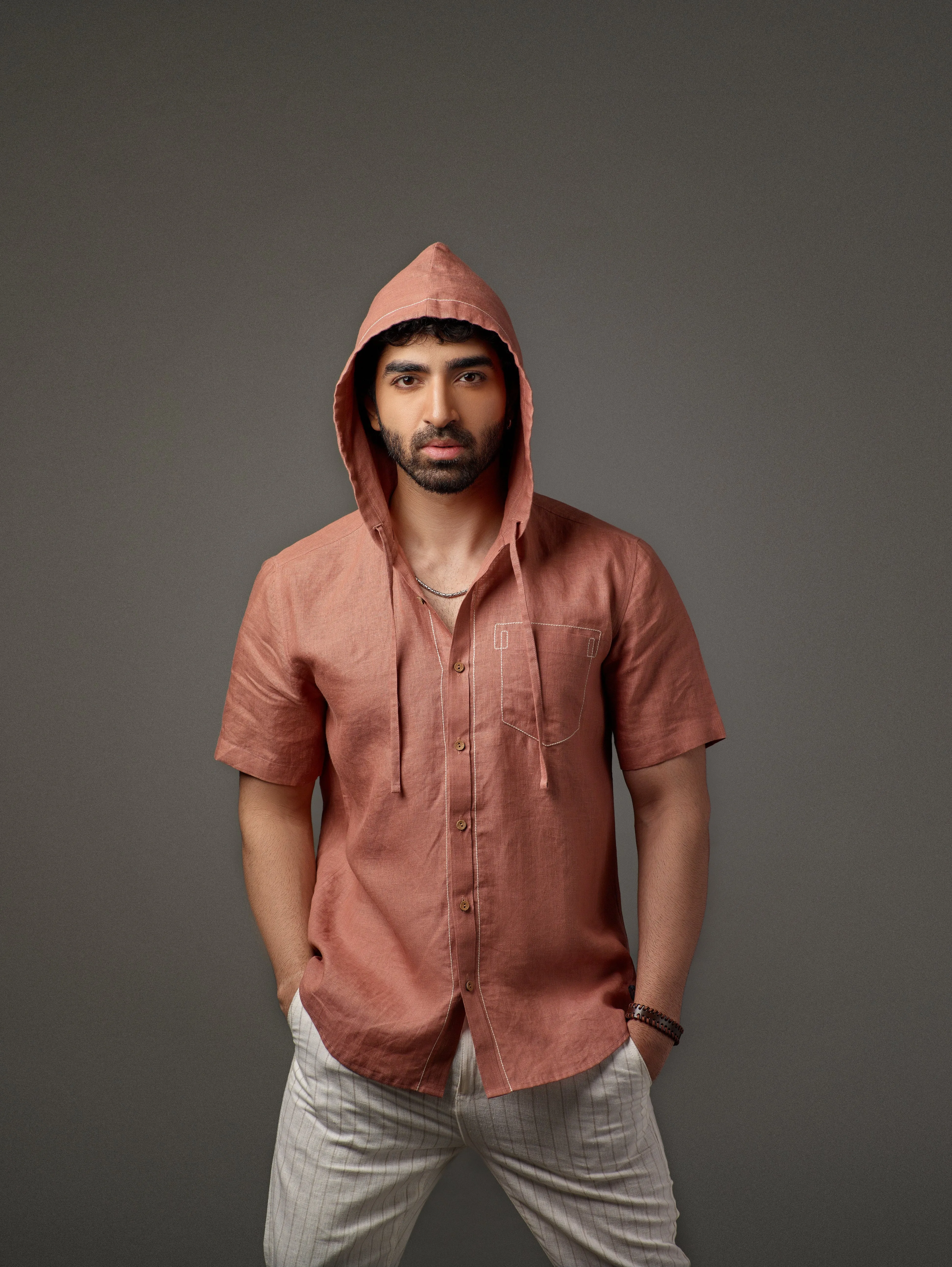 Half Sleeve Button-Down Hoodie Linen Shirt