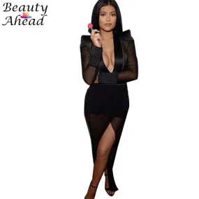 Kylie Jenner dress New Fashion Deep v-neck long sleeve perspective elegant maxi dresses plus size irregular hem woman club dress