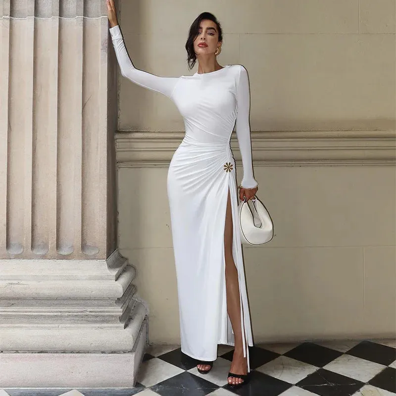LVSANW Elegant  Women Solid Long Sleeve Ruched Dress Fashion Side Slit Bodycon Dresses Sexy Female Streetwear Party Club Outfits