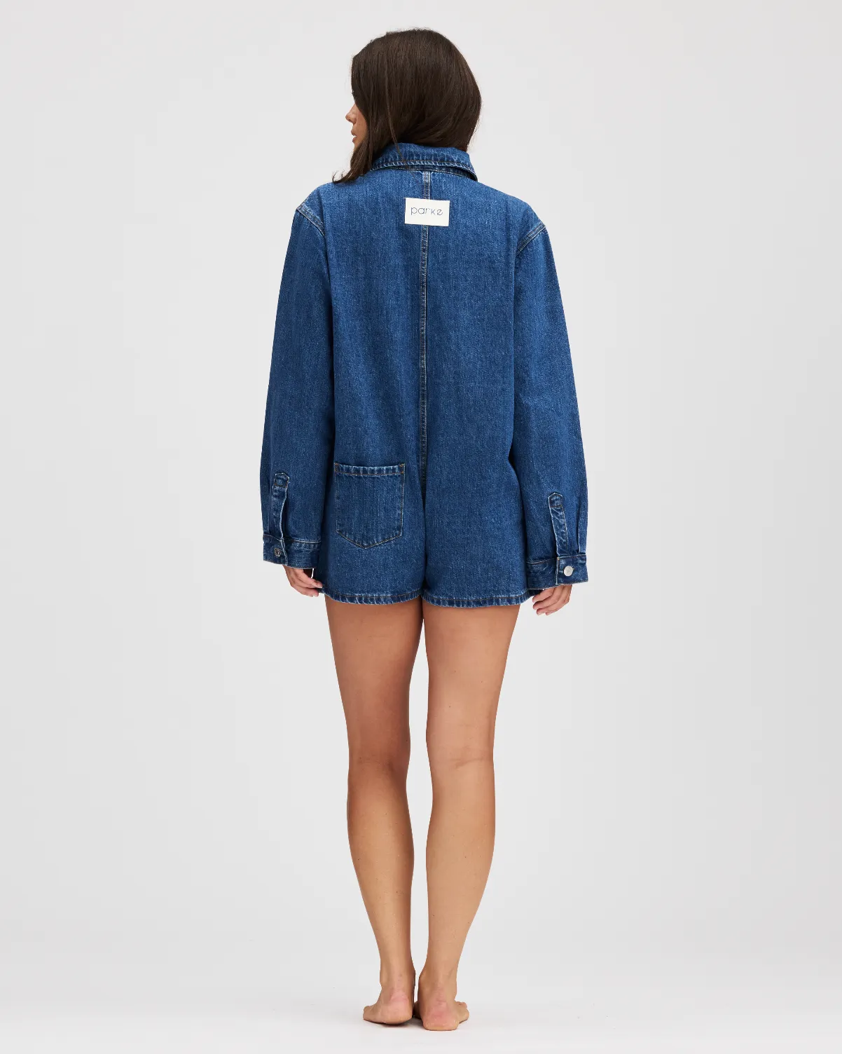 Med Wash Long Sleeve Denim Romper