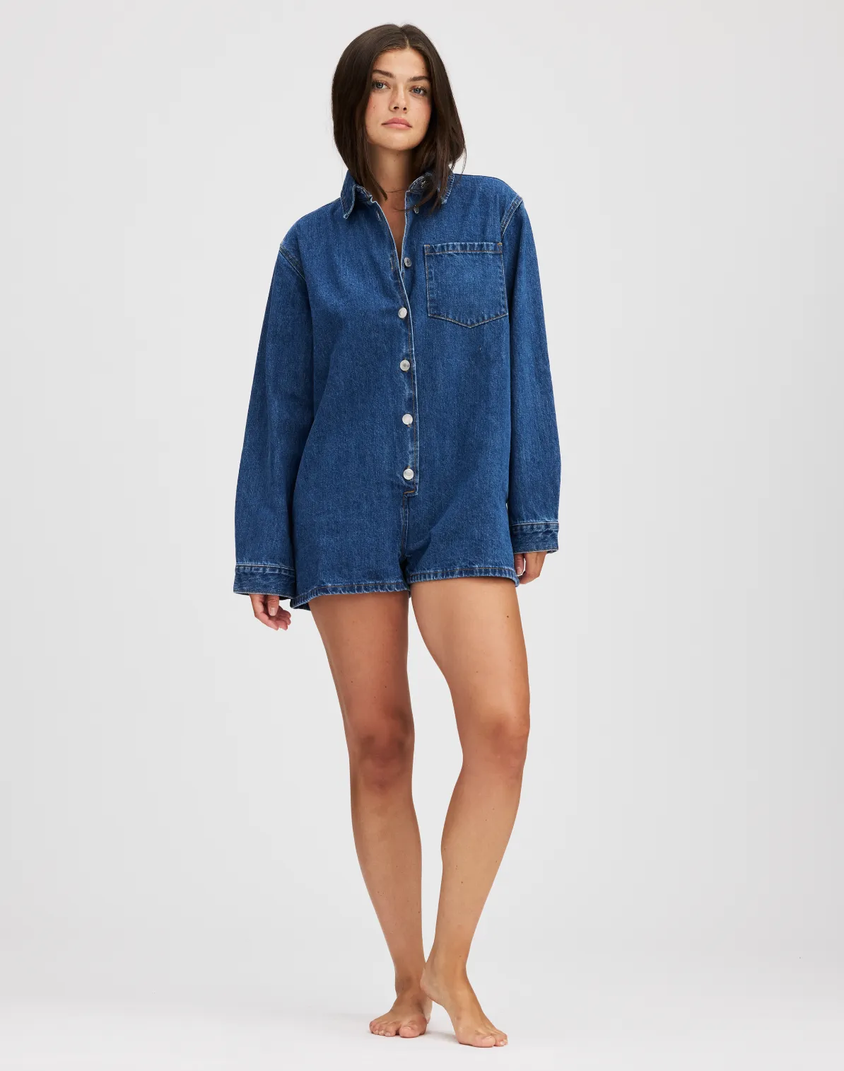 Med Wash Long Sleeve Denim Romper