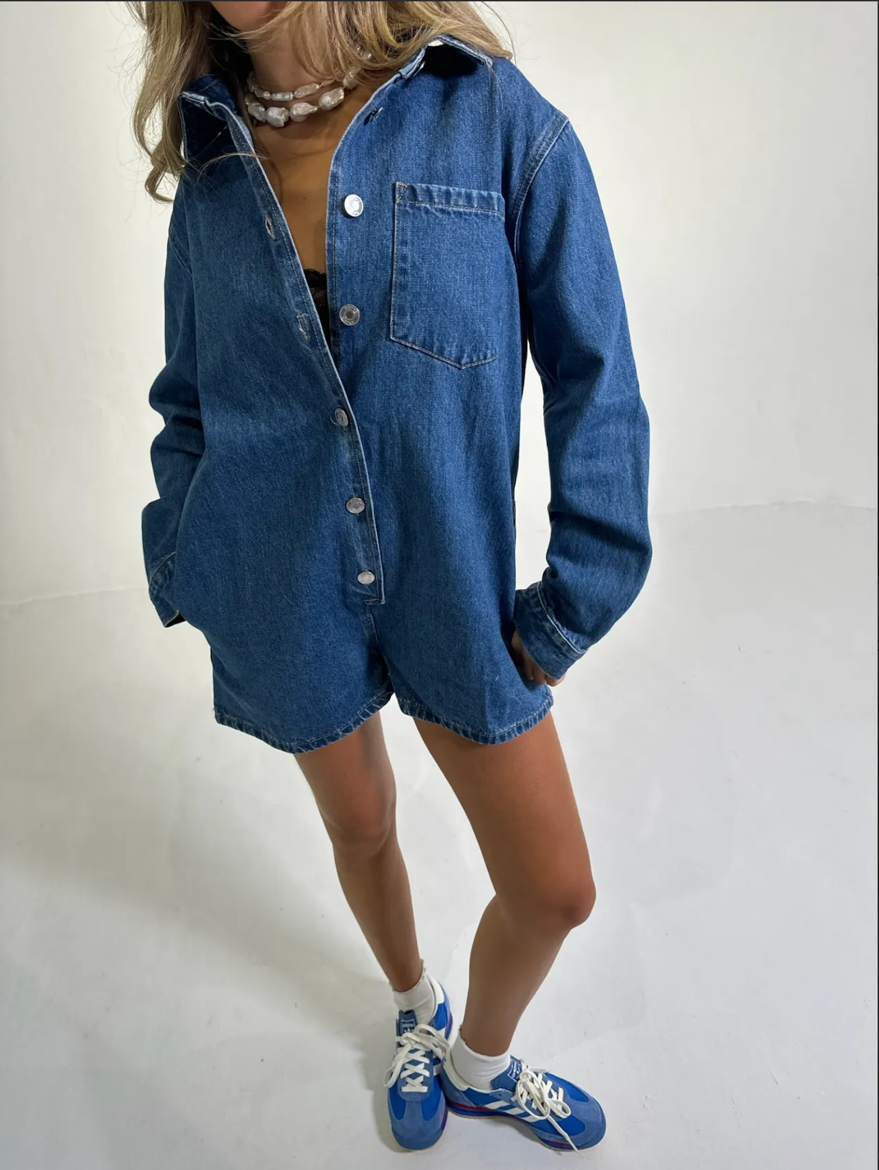 Med Wash Long Sleeve Denim Romper