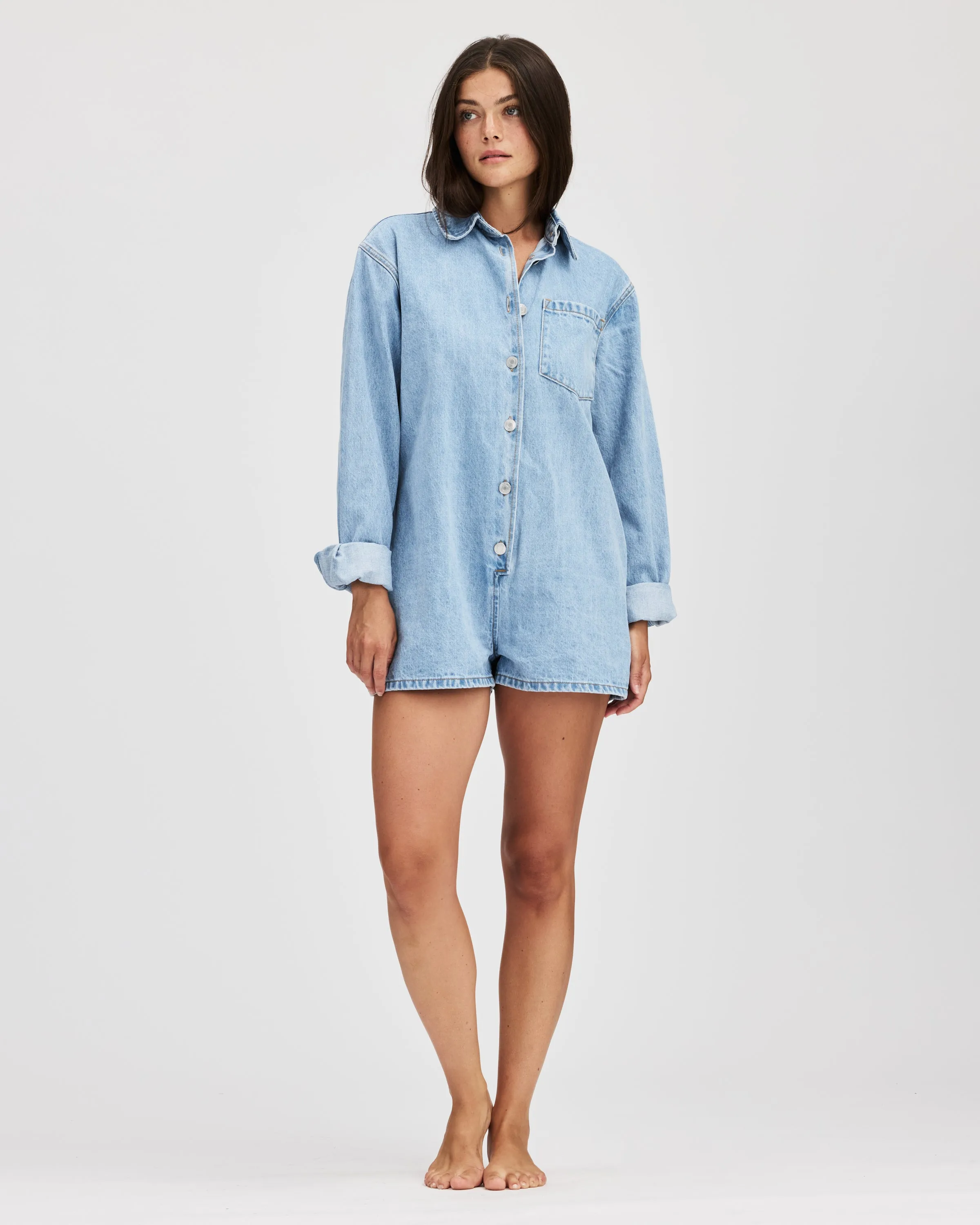 Med Wash Long Sleeve Denim Romper