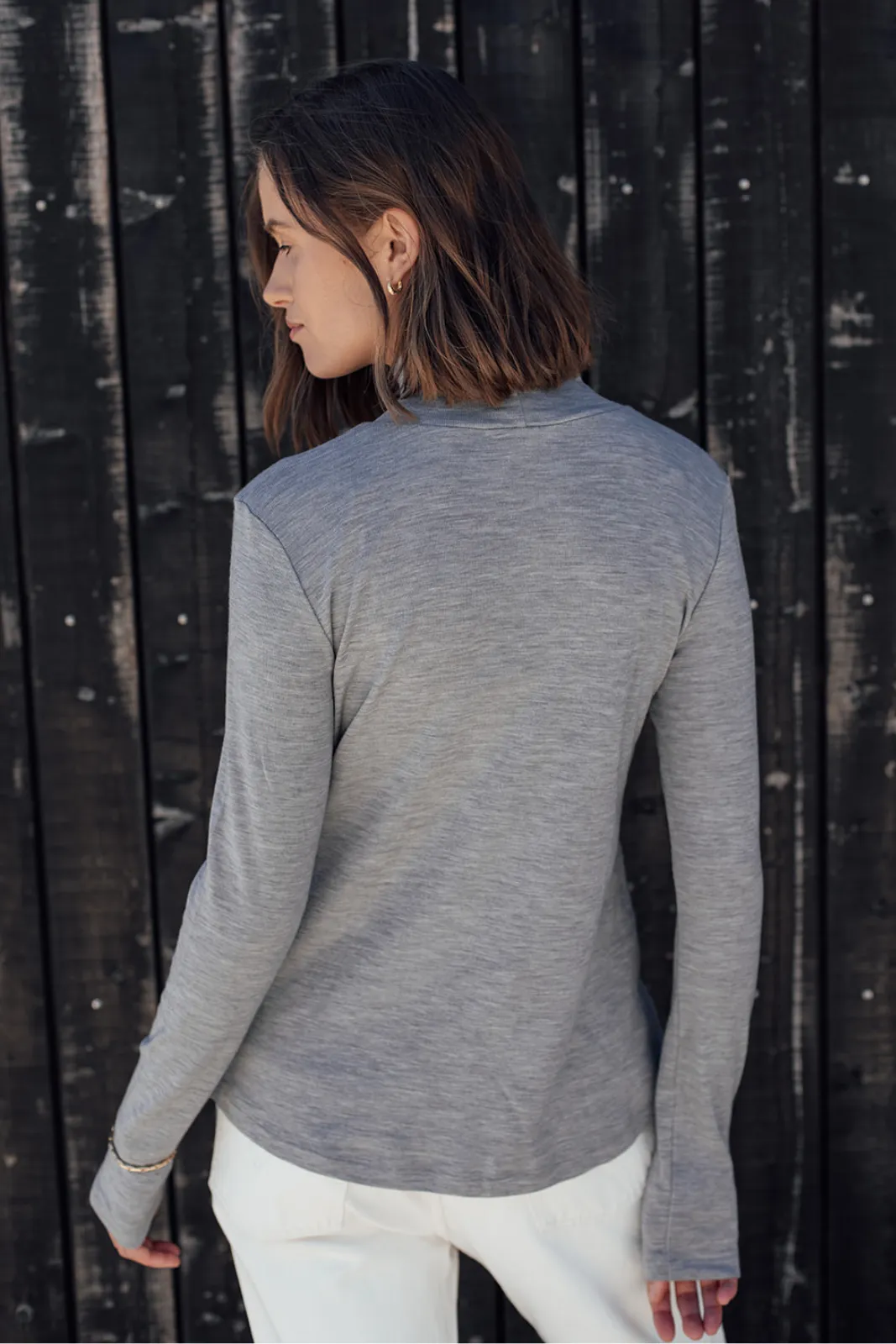 Merino Rib Turtle Neck Top - Grey Marle