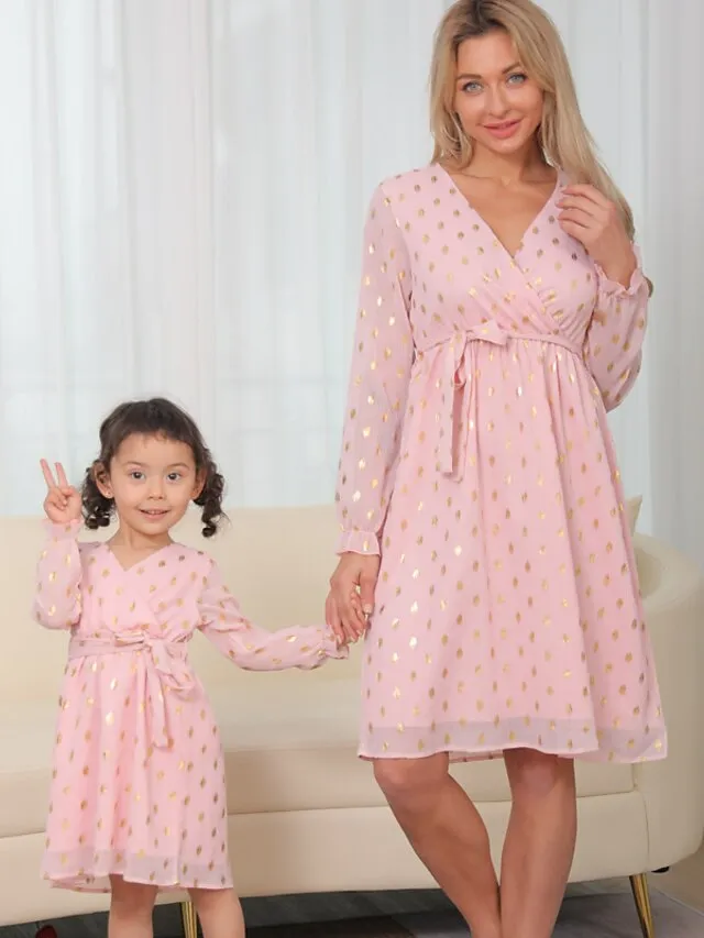 Mom and Daughter Dresses Cotton Floral Polka Dot Print Pink Long Sleeve Party  Dress Knee-length Daily Matching Outfits  Fall Spring Summer