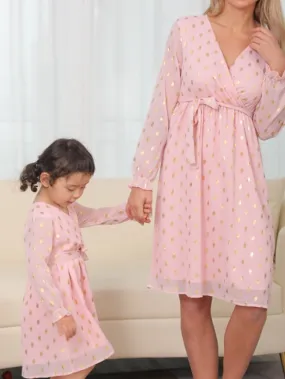 Mom and Daughter Dresses Cotton Floral Polka Dot Print Pink Long Sleeve Party  Dress Knee-length Daily Matching Outfits  Fall Spring Summer
