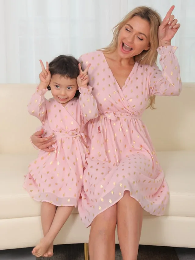 Mom and Daughter Dresses Cotton Floral Polka Dot Print Pink Long Sleeve Party  Dress Knee-length Daily Matching Outfits  Fall Spring Summer