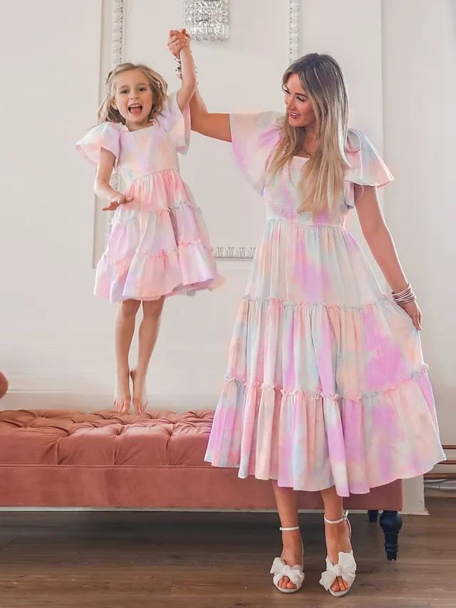 Mommy and Me Dresses Cotton Tie Dye Pink Purple Short Sleeve Knee-length Mommy And Me Outfits Adorable Matching Outfits