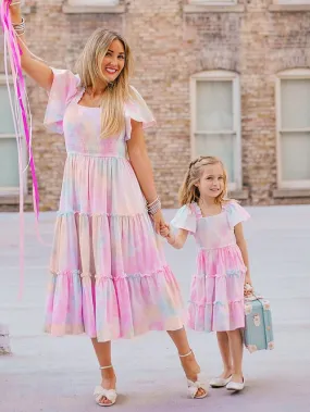 Mommy and Me Dresses Cotton Tie Dye Pink Purple Short Sleeve Knee-length Mommy And Me Outfits Adorable Matching Outfits