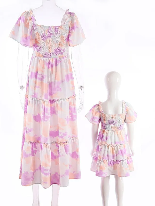 Mommy and Me Dresses Cotton Tie Dye Pink Purple Short Sleeve Knee-length Mommy And Me Outfits Adorable Matching Outfits