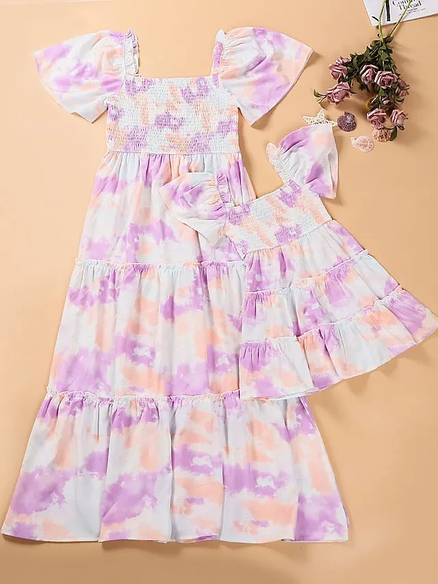 Mommy and Me Dresses Cotton Tie Dye Pink Purple Short Sleeve Knee-length Mommy And Me Outfits Adorable Matching Outfits