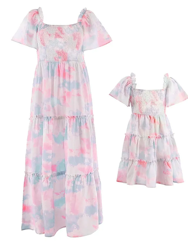 Mommy and Me Dresses Cotton Tie Dye Pink Purple Short Sleeve Knee-length Mommy And Me Outfits Adorable Matching Outfits