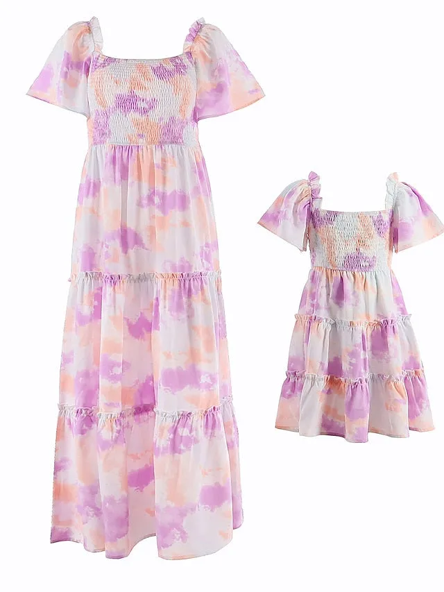 Mommy and Me Dresses Cotton Tie Dye Pink Purple Short Sleeve Knee-length Mommy And Me Outfits Adorable Matching Outfits