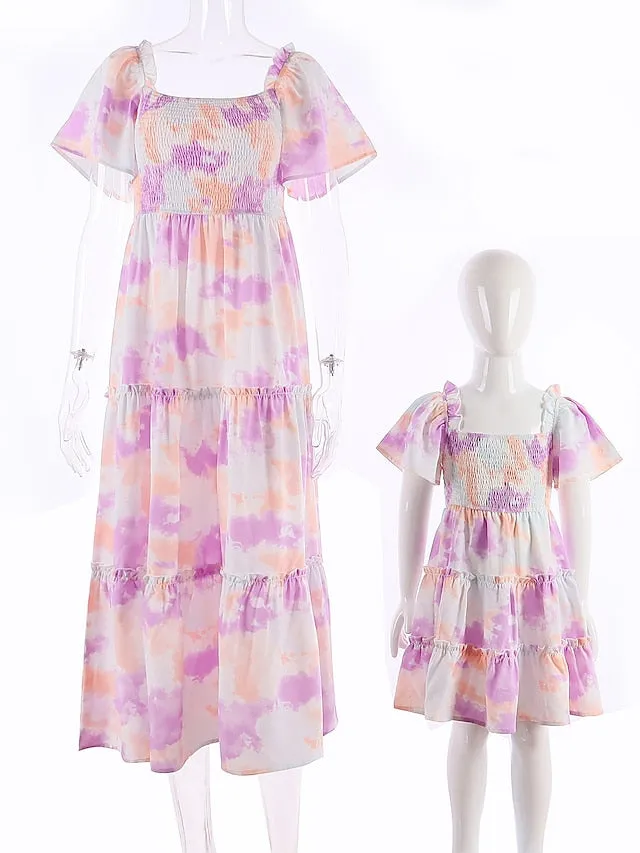 Mommy and Me Dresses Cotton Tie Dye Pink Purple Short Sleeve Knee-length Mommy And Me Outfits Adorable Matching Outfits