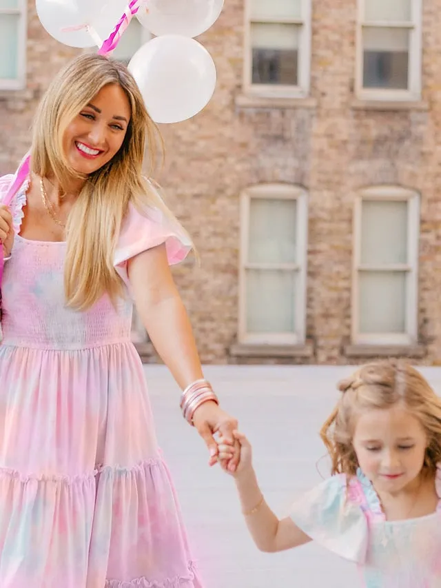 Mommy and Me Dresses Cotton Tie Dye Pink Purple Short Sleeve Knee-length Mommy And Me Outfits Adorable Matching Outfits