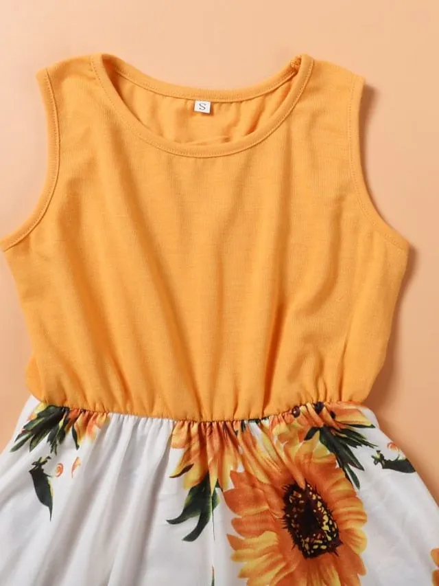 Mommy and Me Dresses Cotton Tie Dye Sunflower Casual Print Black White Orange Sleeveless Midi Mommy And Me Outfits Active Matching Outfits