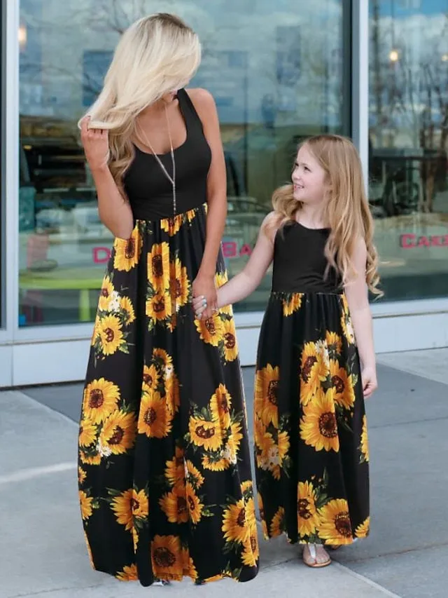 Mommy and Me Dresses Cotton Tie Dye Sunflower Casual Print Black White Orange Sleeveless Midi Mommy And Me Outfits Active Matching Outfits