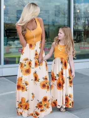 Mommy and Me Dresses Cotton Tie Dye Sunflower Casual Print Black White Orange Sleeveless Midi Mommy And Me Outfits Active Matching Outfits