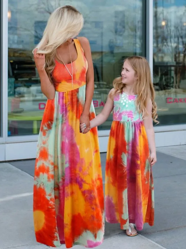 Mommy and Me Dresses Cotton Tie Dye Sunflower Casual Print Black White Orange Sleeveless Midi Mommy And Me Outfits Active Matching Outfits