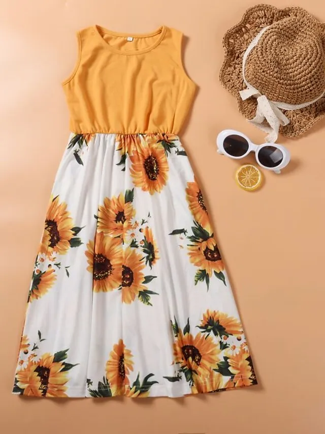 Mommy and Me Dresses Cotton Tie Dye Sunflower Casual Print Black White Orange Sleeveless Midi Mommy And Me Outfits Active Matching Outfits