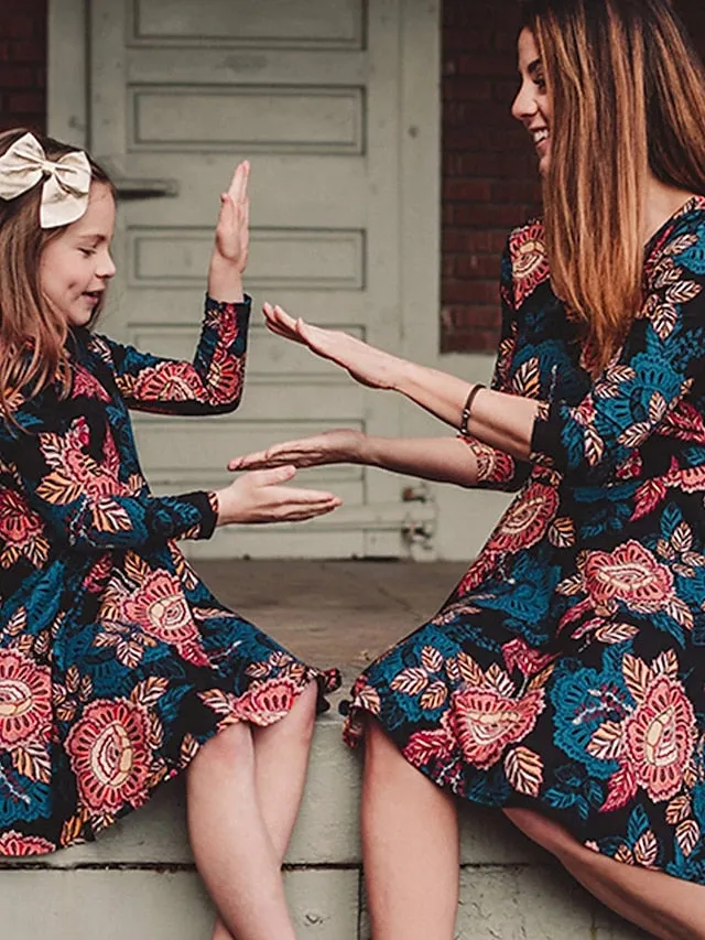 Mommy and Me Dresses Floral Dailywear Pleated Green 3/4 Length Sleeve Above Knee Mommy And Me Outfits Basic Matching Outfits