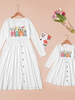 Mommy and Me Dresses Floral Letter Outdoor Button White Long Sleeve Midi Mommy And Me Outfits Adorable Matching Outfits