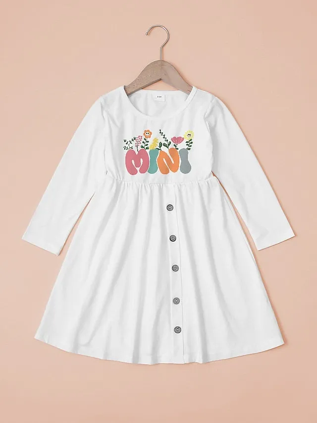 Mommy and Me Dresses Floral Letter Outdoor Button White Long Sleeve Midi Mommy And Me Outfits Adorable Matching Outfits