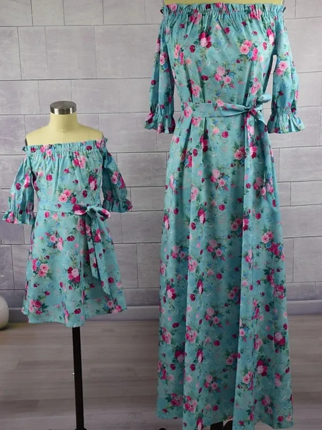 Mommy and Me Dresses Graphic Floral Daily Ruched Light Blue Half Sleeve Knee-length Mommy And Me Outfits Cute Matching Outfits