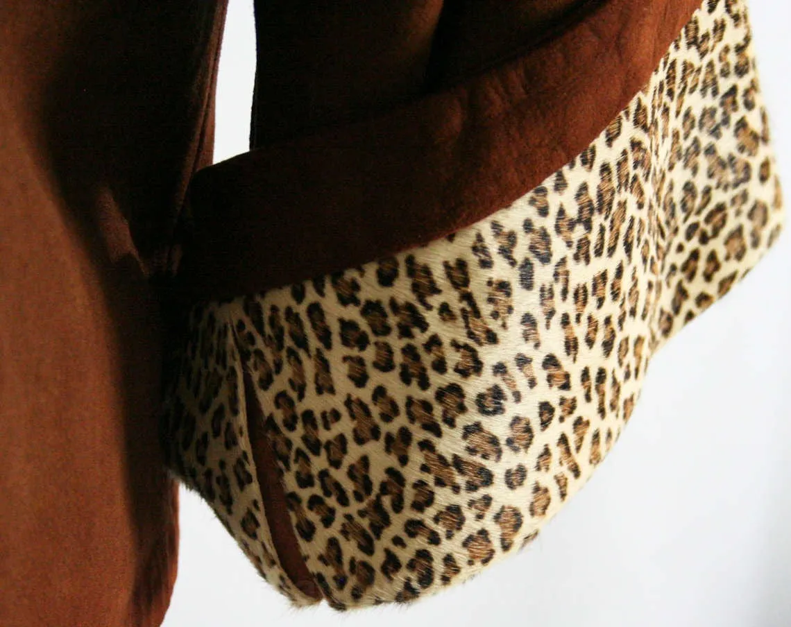 Size 14 Faux Leopard Jacket - Rich Brown Suede - 1950s 1960s Cropped Blazer with Pony Fur - As Is Project Piece Salvage Cutter - Bust 40