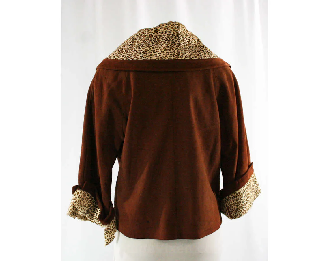 Size 14 Faux Leopard Jacket - Rich Brown Suede - 1950s 1960s Cropped Blazer with Pony Fur - As Is Project Piece Salvage Cutter - Bust 40