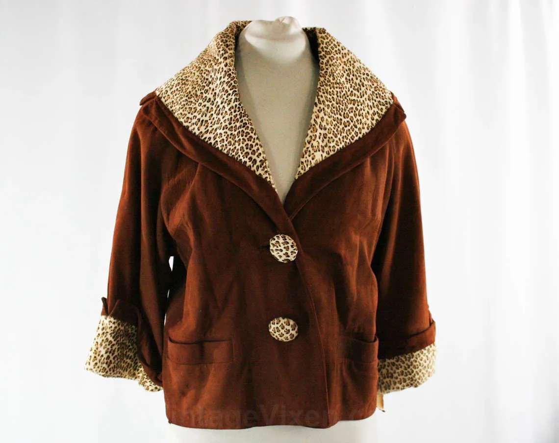 Size 14 Faux Leopard Jacket - Rich Brown Suede - 1950s 1960s Cropped Blazer with Pony Fur - As Is Project Piece Salvage Cutter - Bust 40