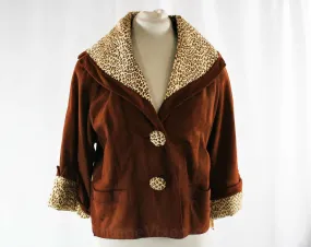 Size 14 Faux Leopard Jacket - Rich Brown Suede - 1950s 1960s Cropped Blazer with Pony Fur - As Is Project Piece Salvage Cutter - Bust 40