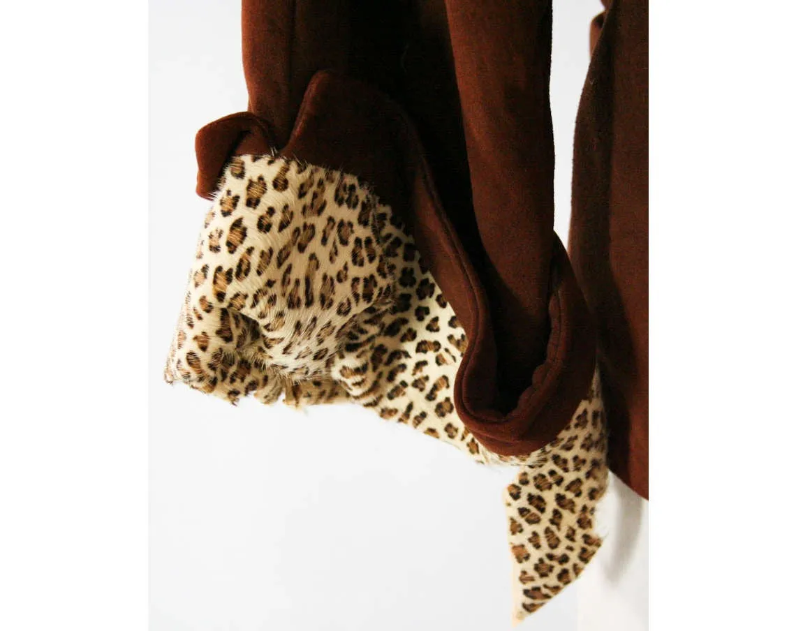 Size 14 Faux Leopard Jacket - Rich Brown Suede - 1950s 1960s Cropped Blazer with Pony Fur - As Is Project Piece Salvage Cutter - Bust 40