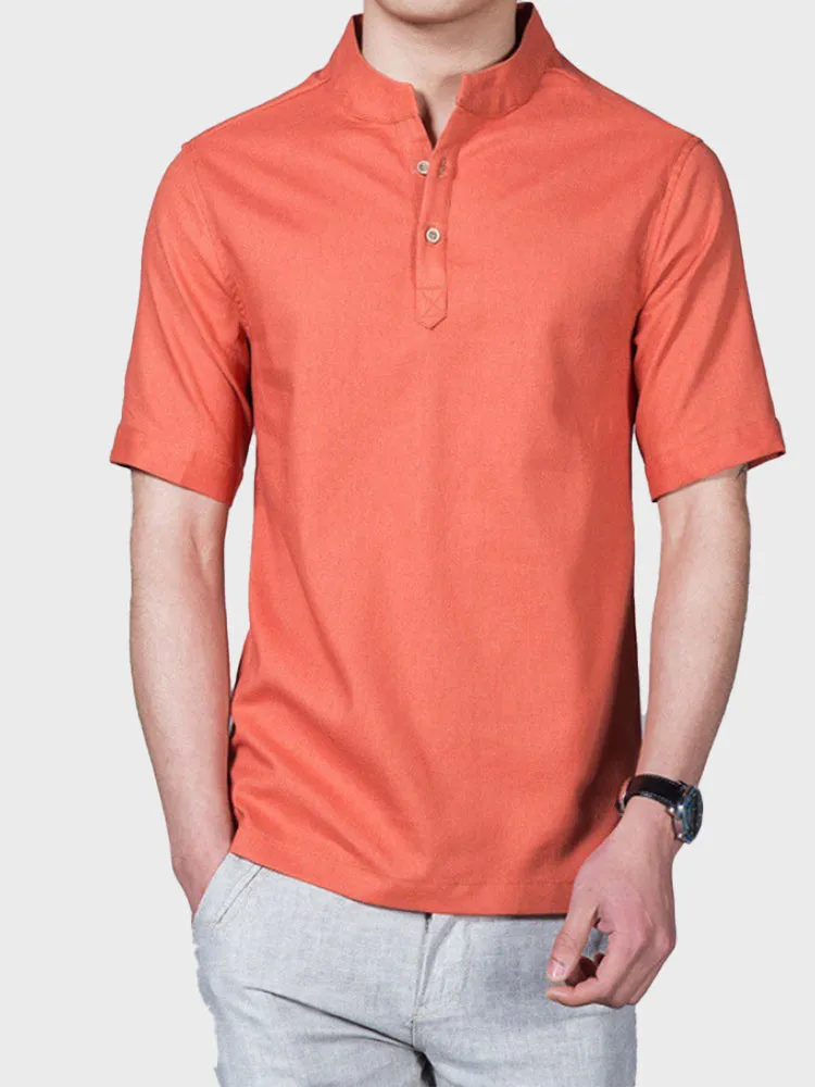Solid Linen Stand Collar Men's Shirt