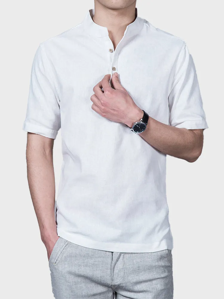 Solid Linen Stand Collar Men's Shirt