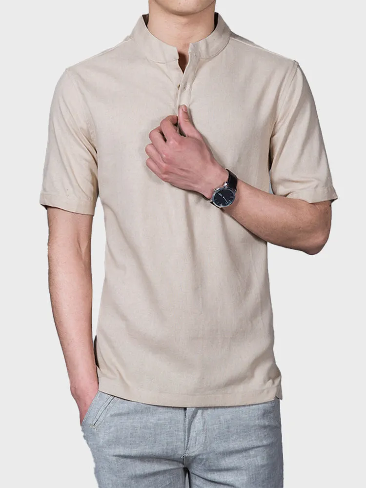 Solid Linen Stand Collar Men's Shirt