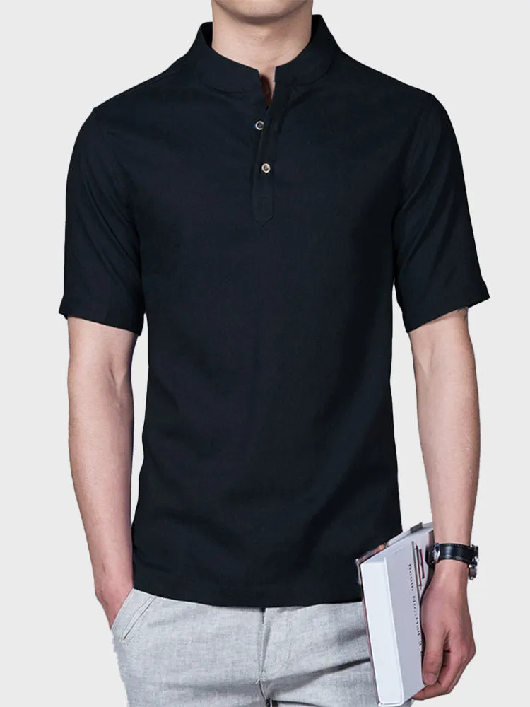 Solid Linen Stand Collar Men's Shirt