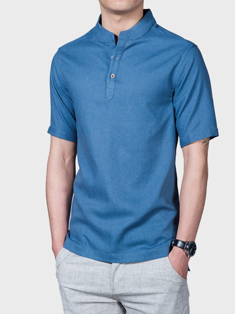 Solid Linen Stand Collar Men's Shirt