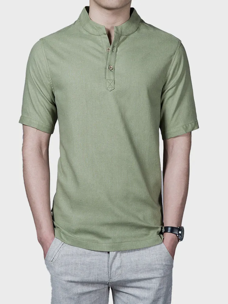 Solid Linen Stand Collar Men's Shirt