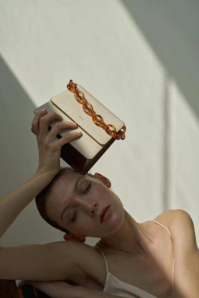 The Fae Acrylic Chain Top Handle Bag - Beige & Brown Croc
