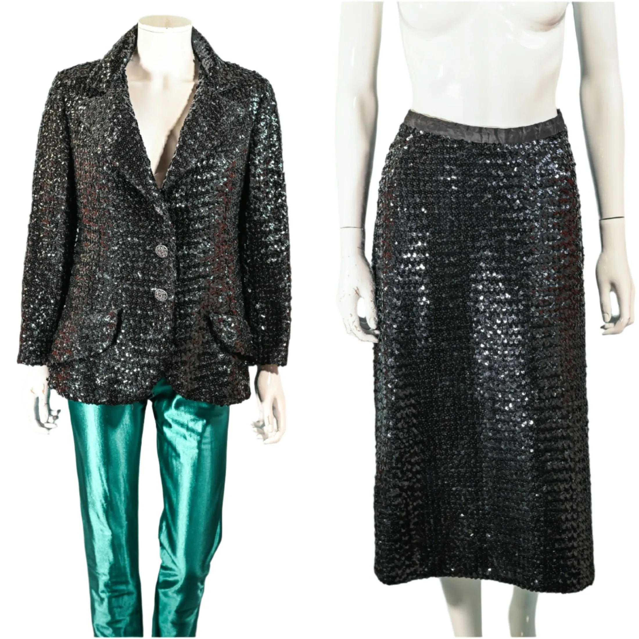 Vintage 60s Black Sequin Jacket/Skirt 2 Piece Suit, Eveningwear Party Separates Suit