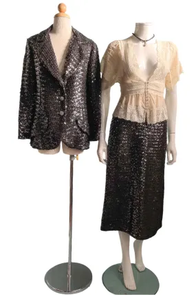 Vintage 60s Black Sequin Jacket/Skirt 2 Piece Suit, Eveningwear Party Separates Suit
