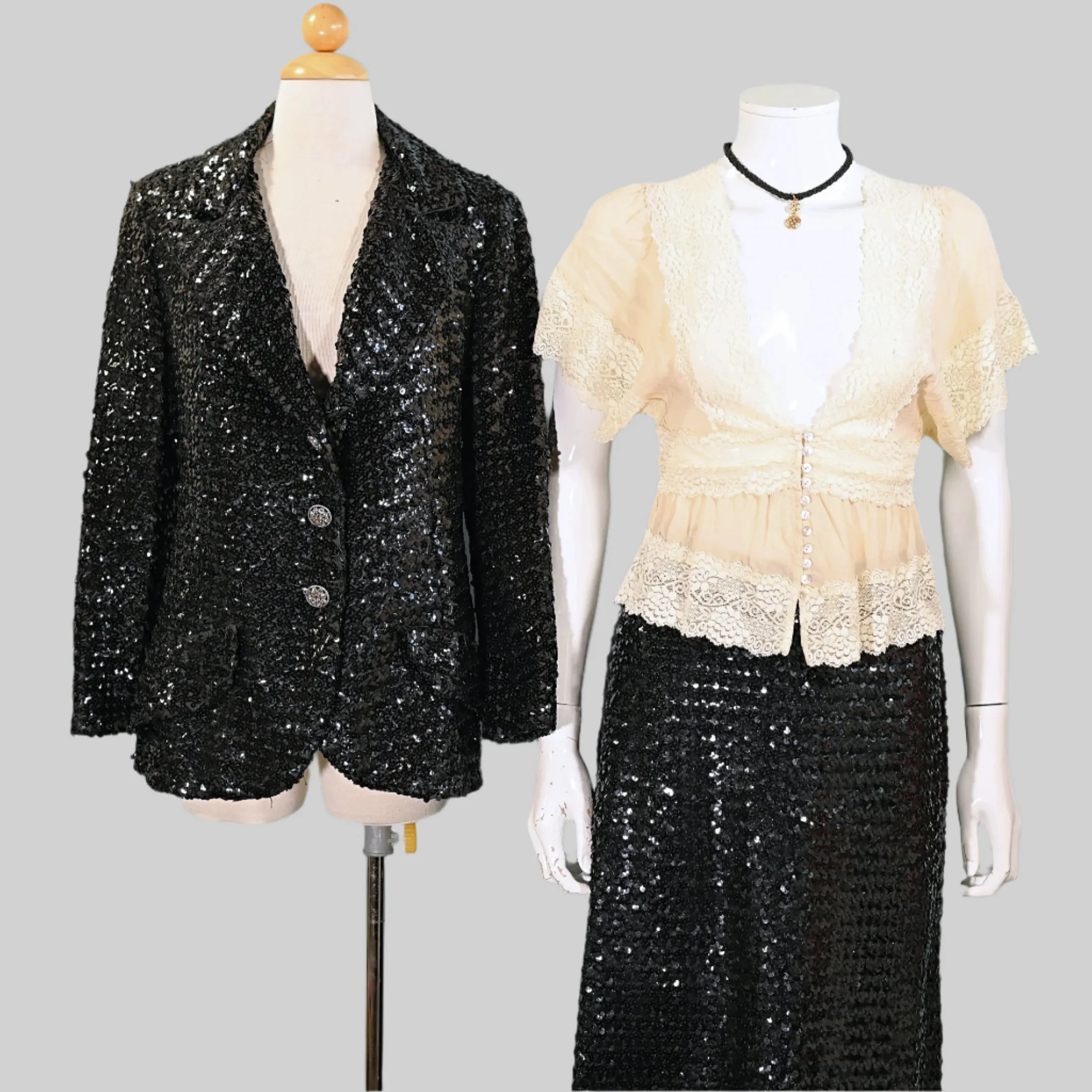 Vintage 60s Black Sequin Jacket/Skirt 2 Piece Suit, Eveningwear Party Separates Suit