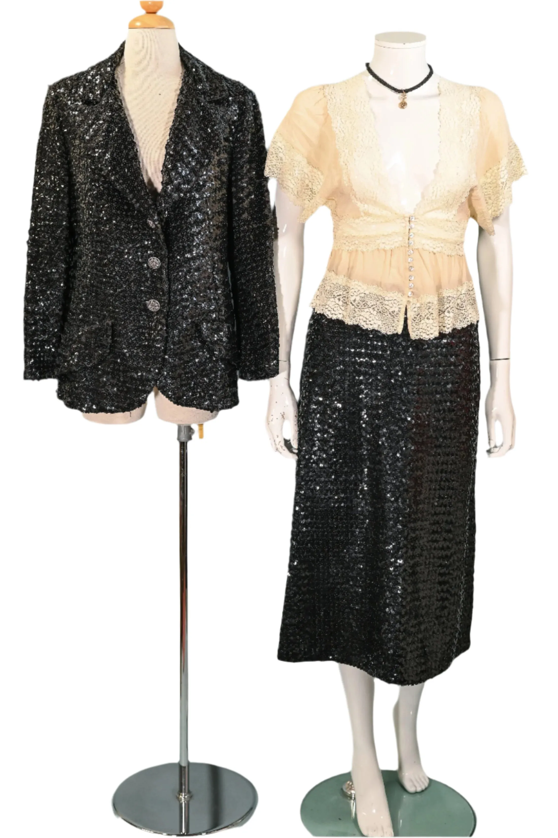 Vintage 60s Black Sequin Jacket/Skirt 2 Piece Suit, Eveningwear Party Separates Suit