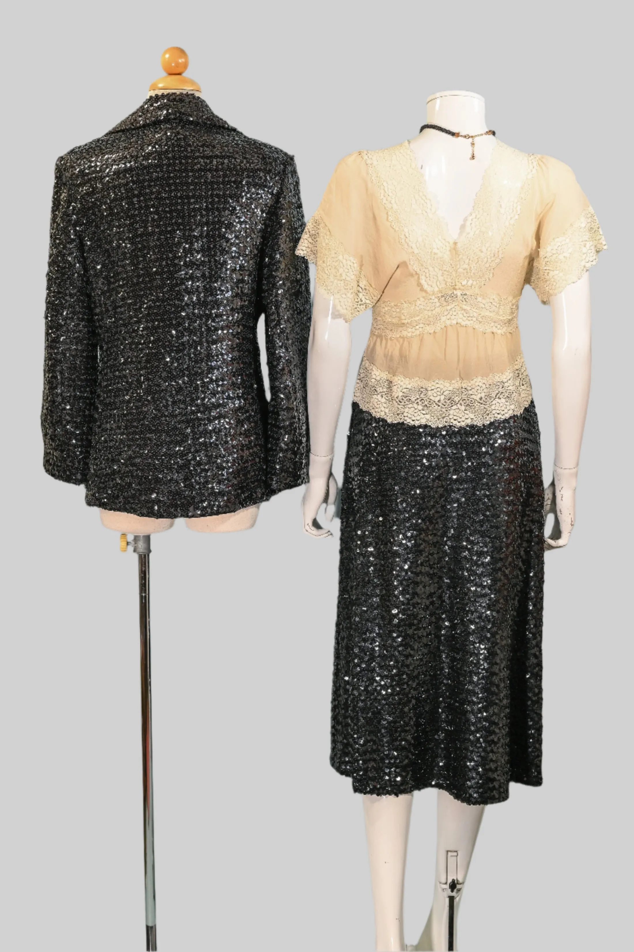 Vintage 60s Black Sequin Jacket/Skirt 2 Piece Suit, Eveningwear Party Separates Suit