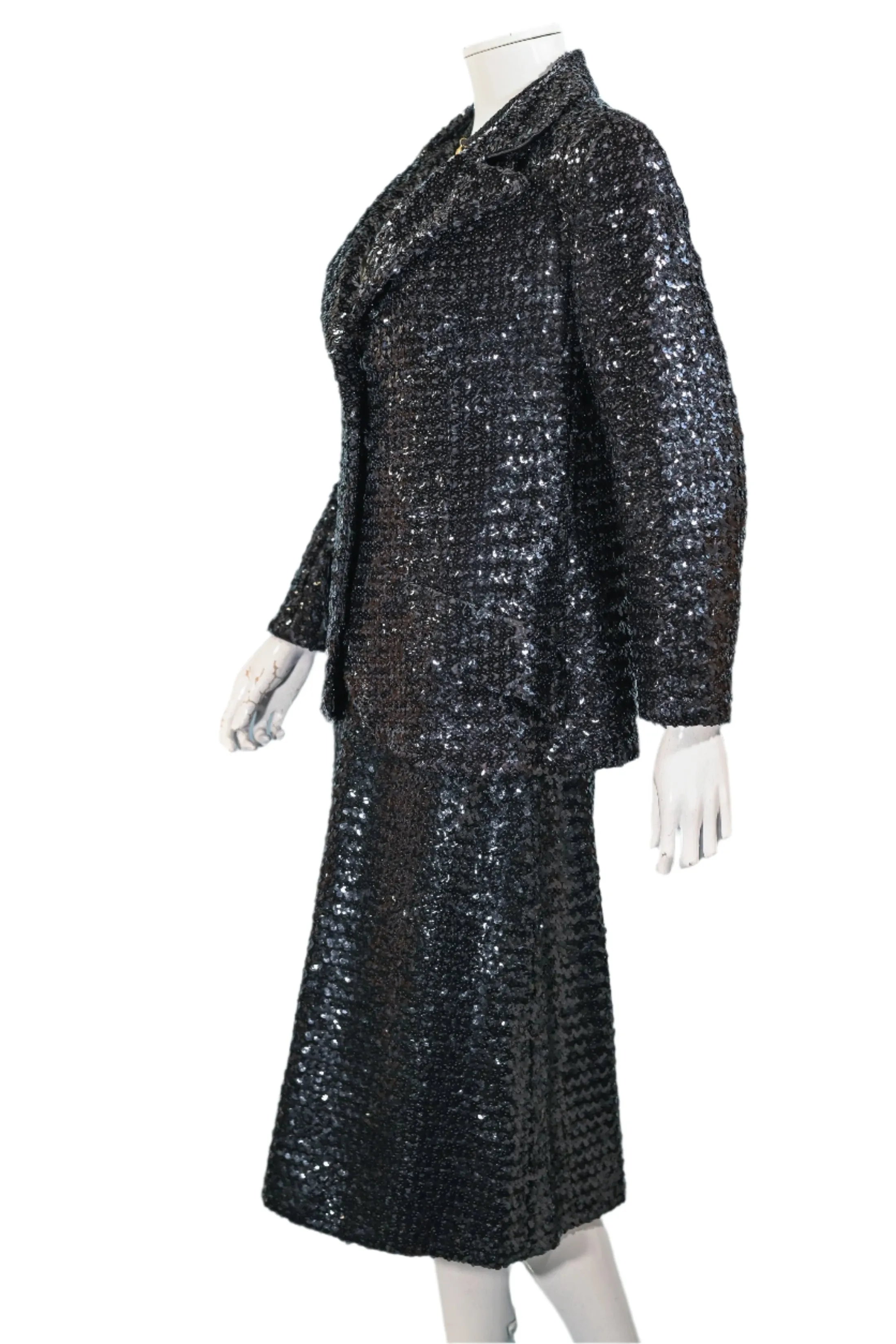 Vintage 60s Black Sequin Jacket/Skirt 2 Piece Suit, Eveningwear Party Separates Suit